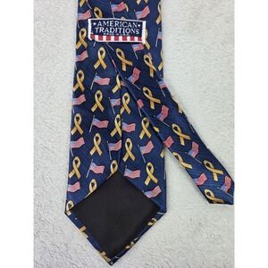 American Traditions USA Made Silk Tie Gold Ribbon American Flag Patriotic Navy